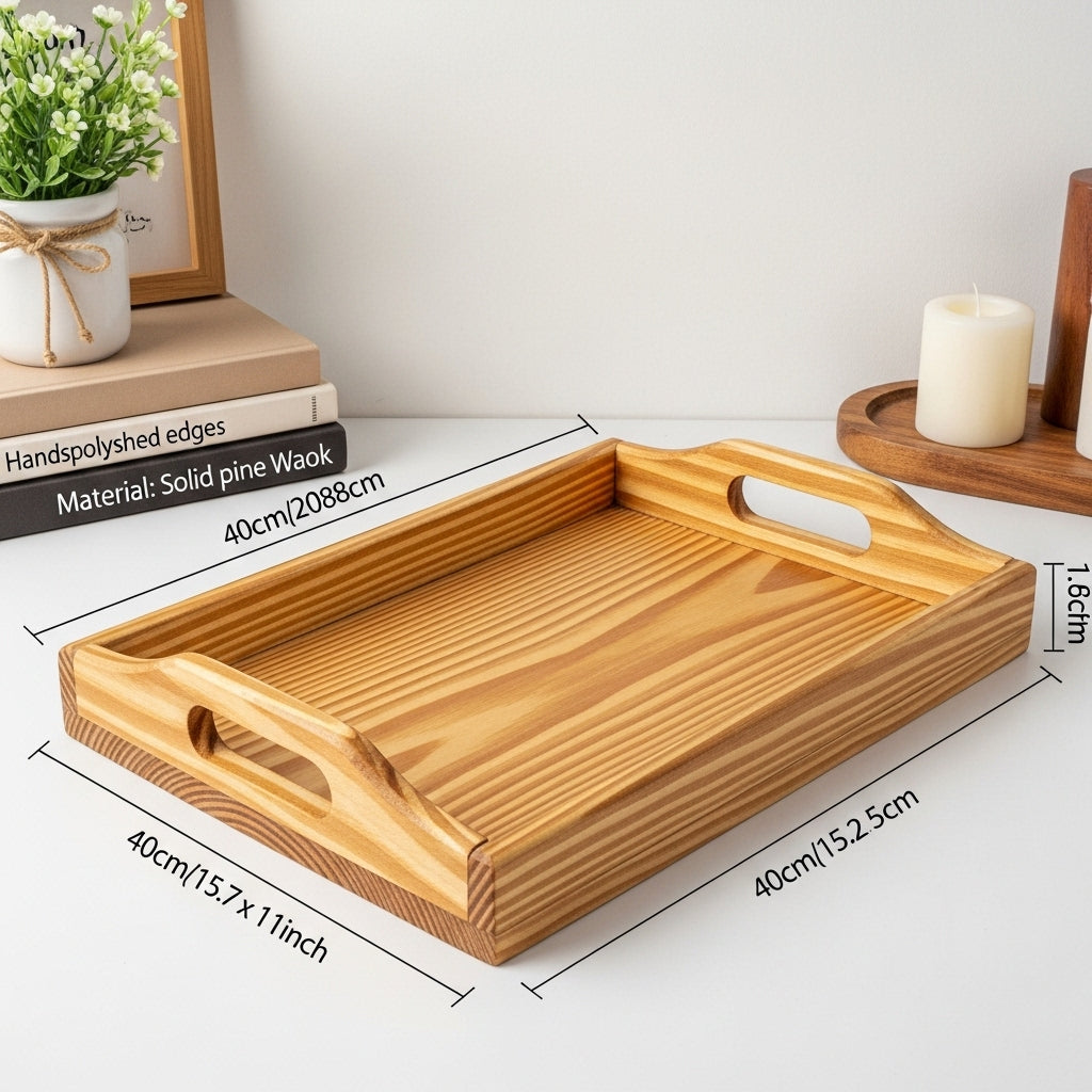 Handmade Wooden Serving Tray – Rustic Natural Breakfast & Coffee Tray with Handles for Kitchen and Home Decor